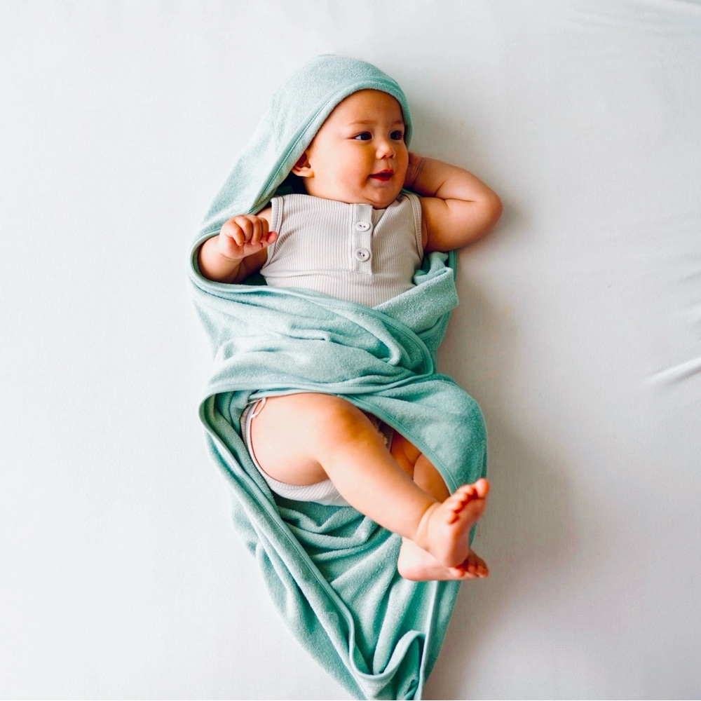BLANKETS & BEYOND Baby Towel Blanket Fleece Swaddle Hooded in Blue & White